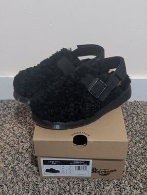 Dr. Martens Women's Black Fuzzy Buckle Clogs